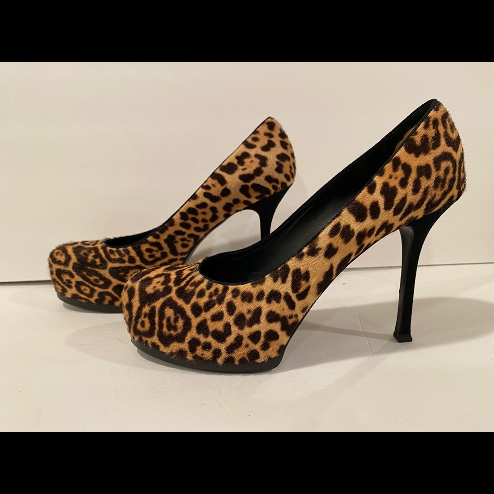 Yves Saint Laurent Leopard Print Tan and Black Ponyhair Pumps